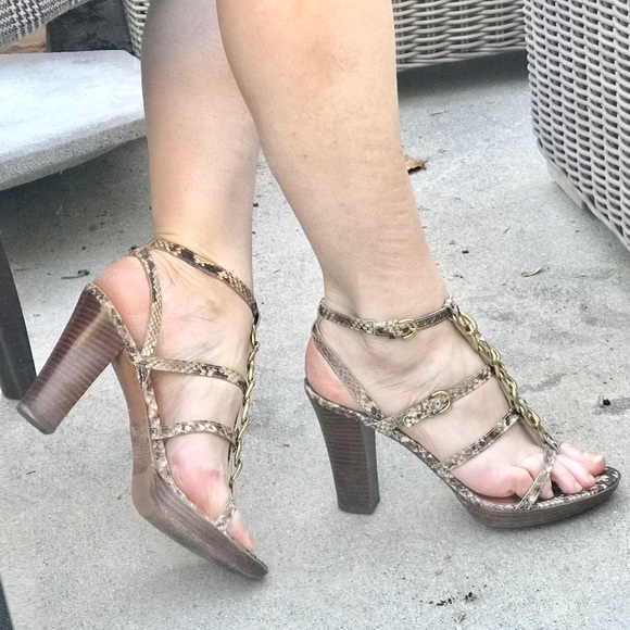 Coach Shoes - COACH Strappy heels gold chain snakeskin sandals